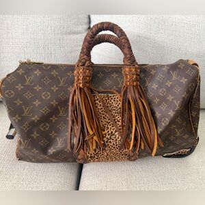 Upcycled Louis Vuitton Brown Monogram Travel Bag with Fringe- roller carryon